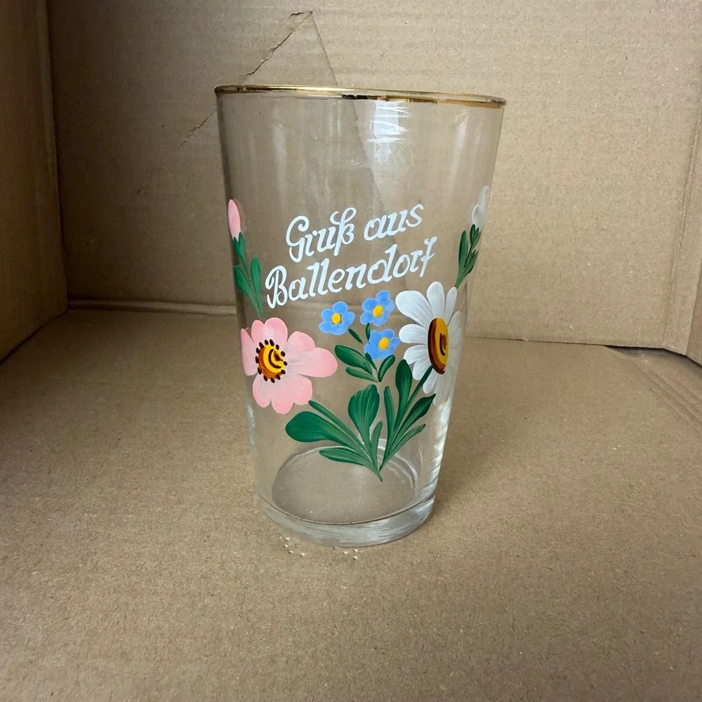 Vintage‎ Handpainted German Ballendorf Floral Glass Tumblers Gold Rim Set of 4